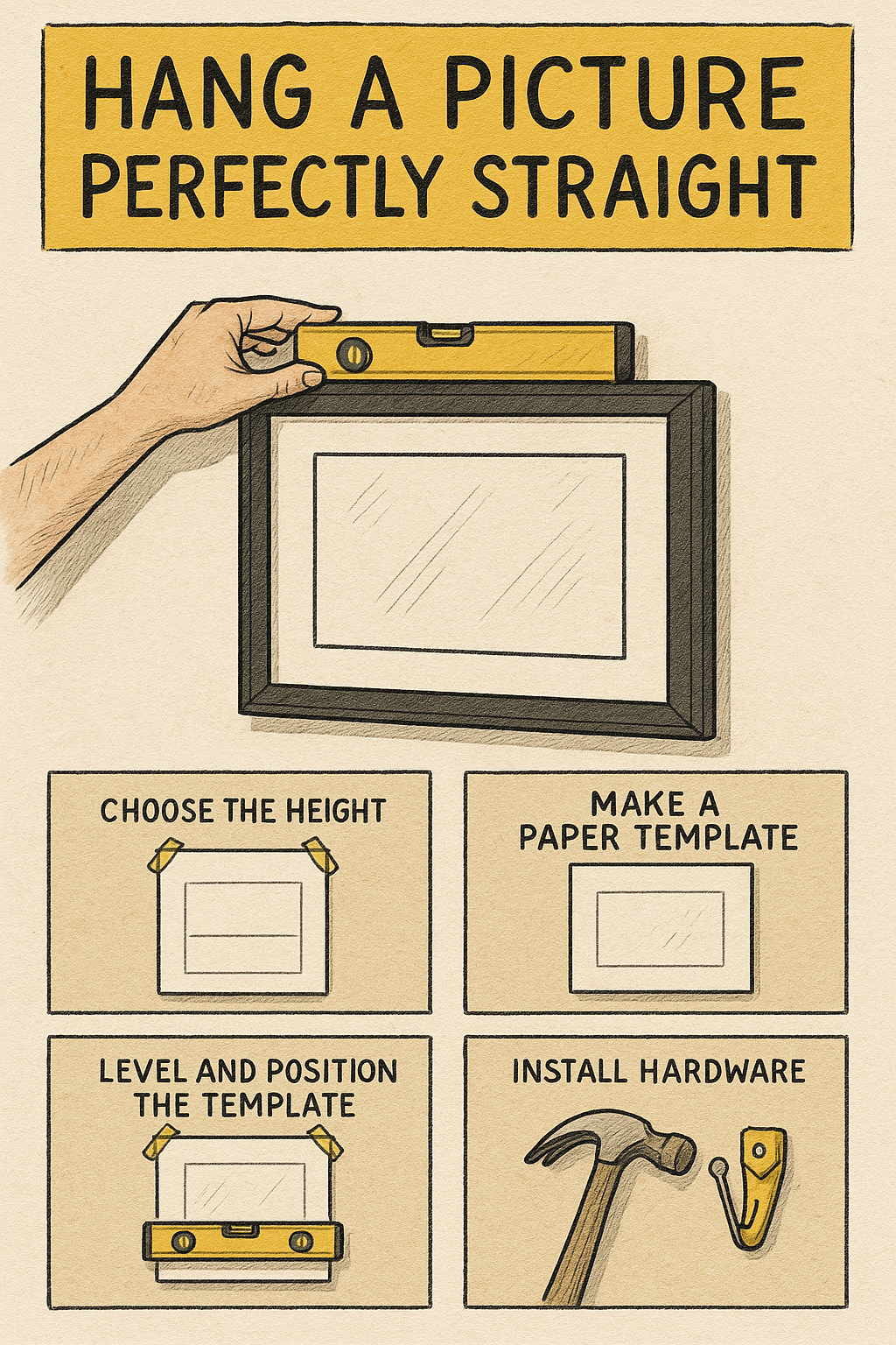 Leveling a paper template on the wall before installing picture hooks